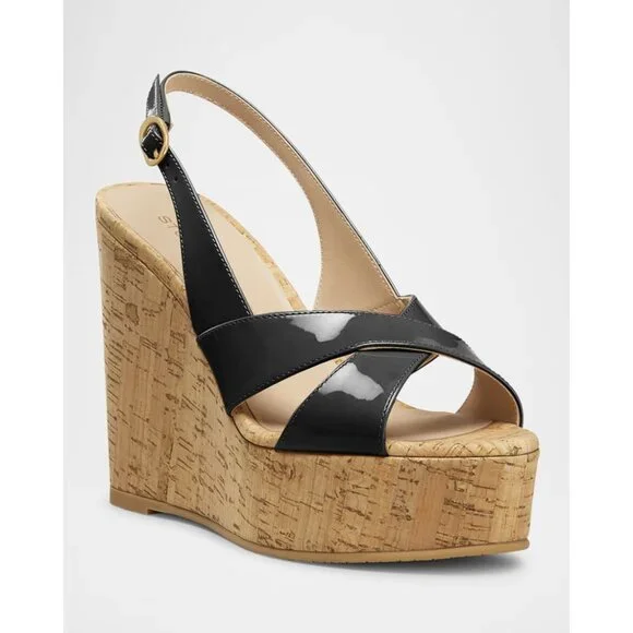 Stuart Weitzman Black Patent Leather Cork Platform Wedges - Picture 5 of 5
